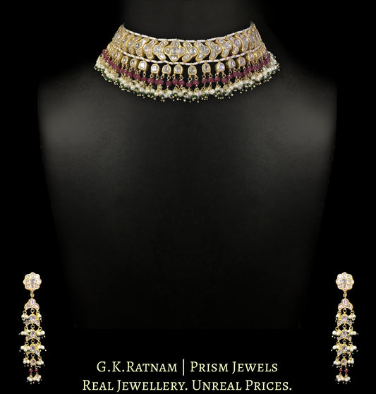 23k Gold and Diamond Polki Choker Necklace Set with Natural Rubies and Lustrous Pearl Bunches - G. K. Ratnam