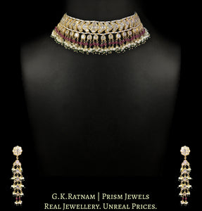 23k Gold and Diamond Polki Choker Necklace Set with Natural Rubies and Lustrous Pearl Bunches