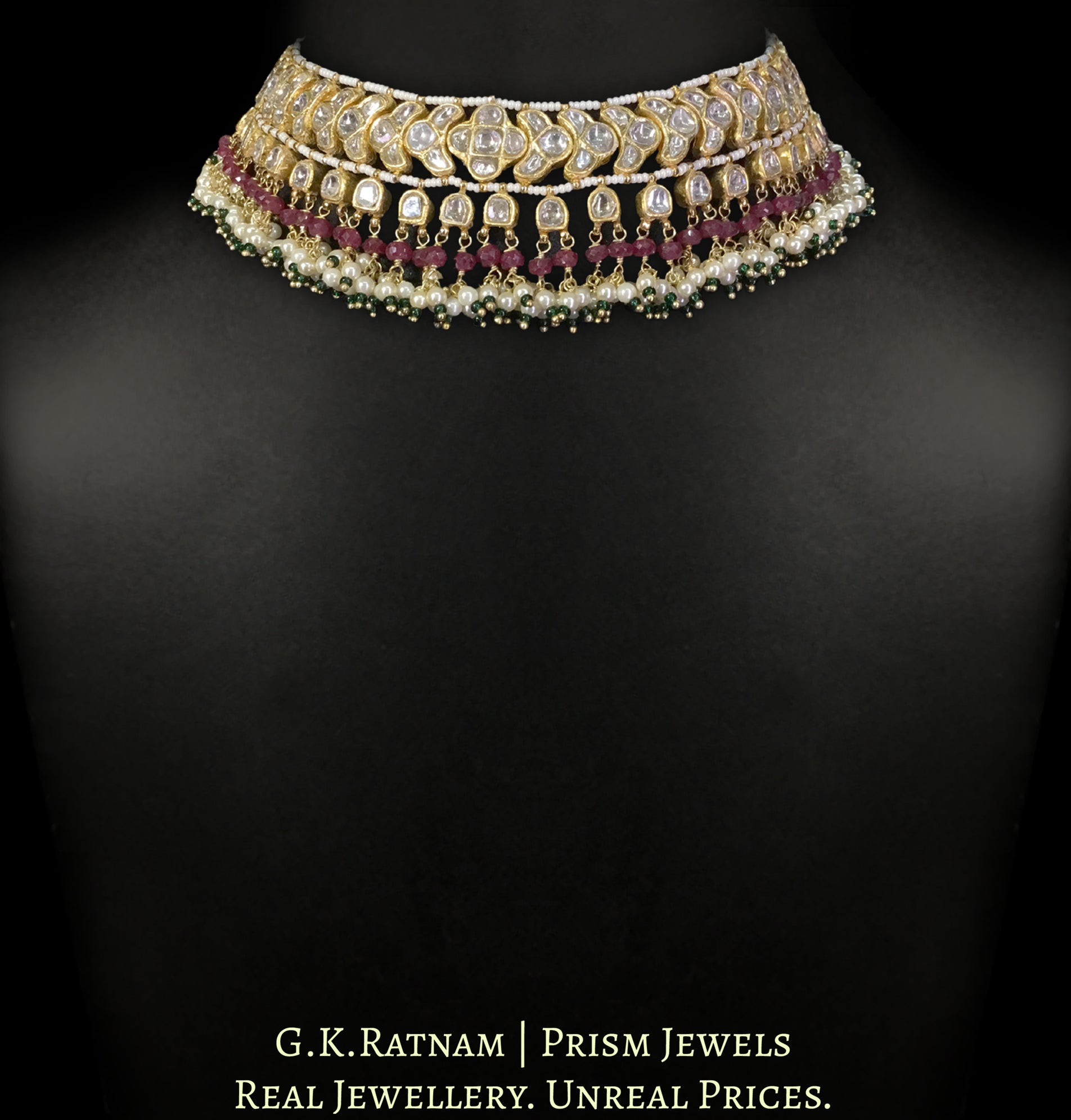 23k Gold and Diamond Polki Choker Necklace Set with Natural Rubies and Lustrous Pearl Bunches - G. K. Ratnam
