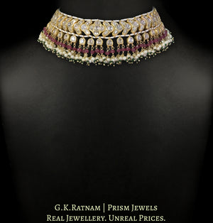 23k Gold and Diamond Polki Choker Necklace Set with Natural Rubies and Lustrous Pearl Bunches