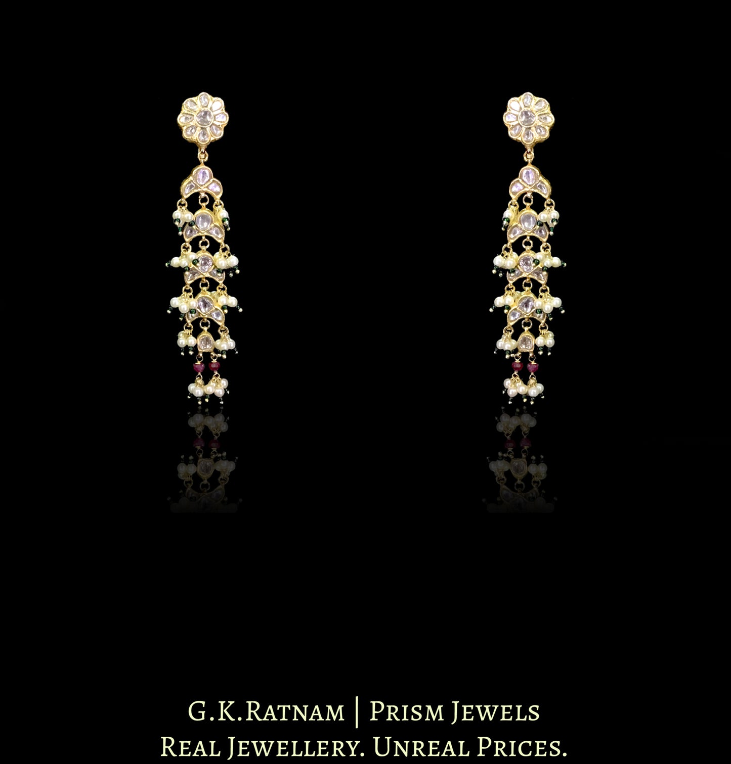 23k Gold and Diamond Polki Choker Necklace Set with Natural Rubies and Lustrous Pearl Bunches - G. K. Ratnam