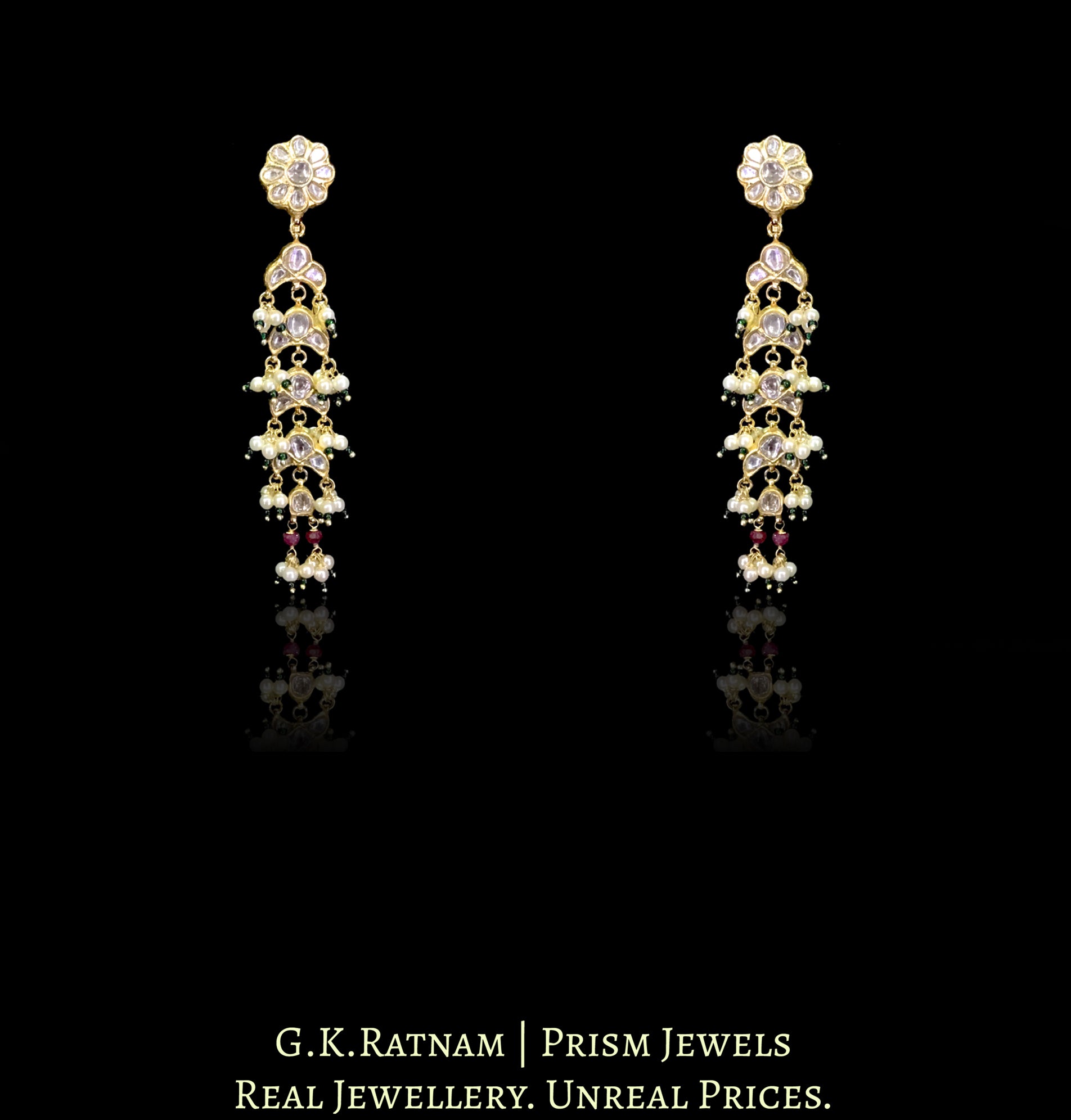 23k Gold and Diamond Polki Choker Necklace Set with Natural Rubies and Lustrous Pearl Bunches - G. K. Ratnam