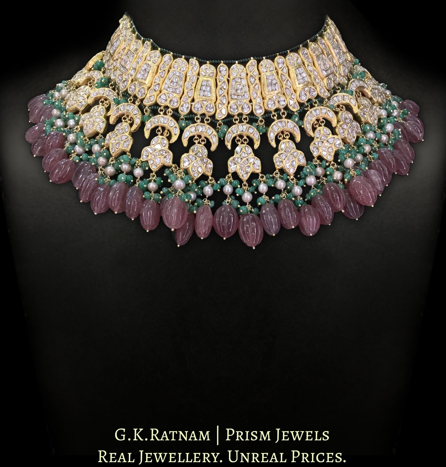 23k Gold and Diamond Polki Necklace Set with Strawberry Quartz, Green Beryls and Antiqued Pearls - G. K. Ratnam