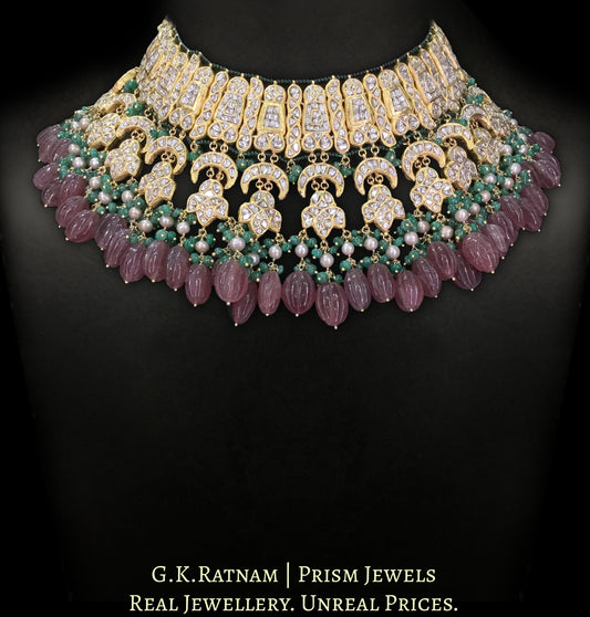 23k Gold and Diamond Polki Necklace Set with Strawberry Quartz, Green Beryls and Antiqued Pearls - G. K. Ratnam