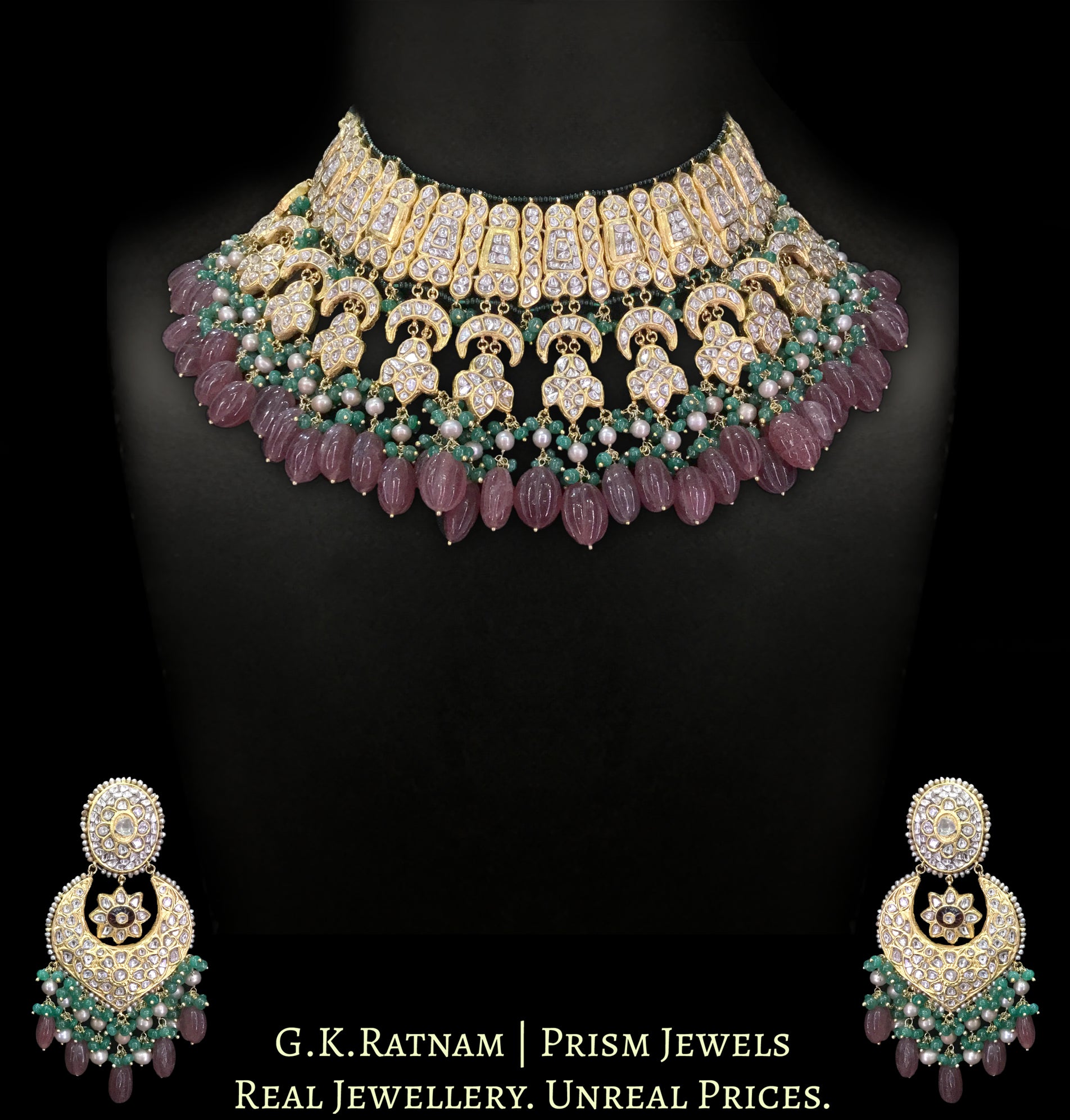23k Gold and Diamond Polki Necklace Set with Strawberry Quartz, Green Beryls and Antiqued Pearls - G. K. Ratnam