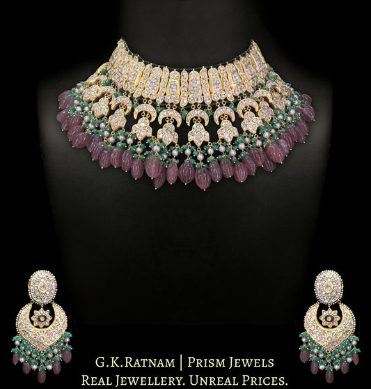 23k Gold and Diamond Polki Necklace Set with Strawberry Quartz, Green Beryls and Antiqued Pearls - G. K. Ratnam