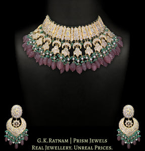23k Gold and Diamond Polki Necklace Set with Strawberry Quartz, Green Beryls and Antiqued Pearls