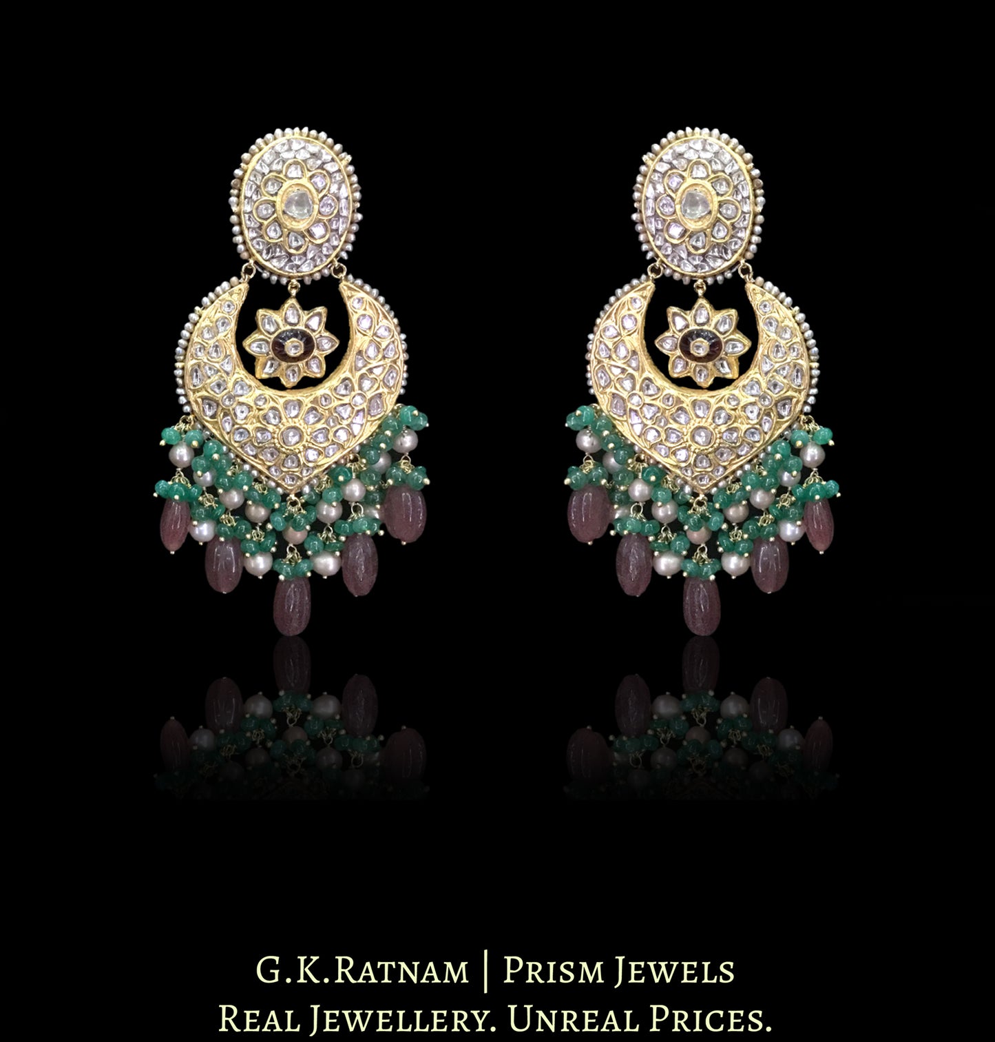 23k Gold and Diamond Polki Necklace Set with Strawberry Quartz, Green Beryls and Antiqued Pearls - G. K. Ratnam