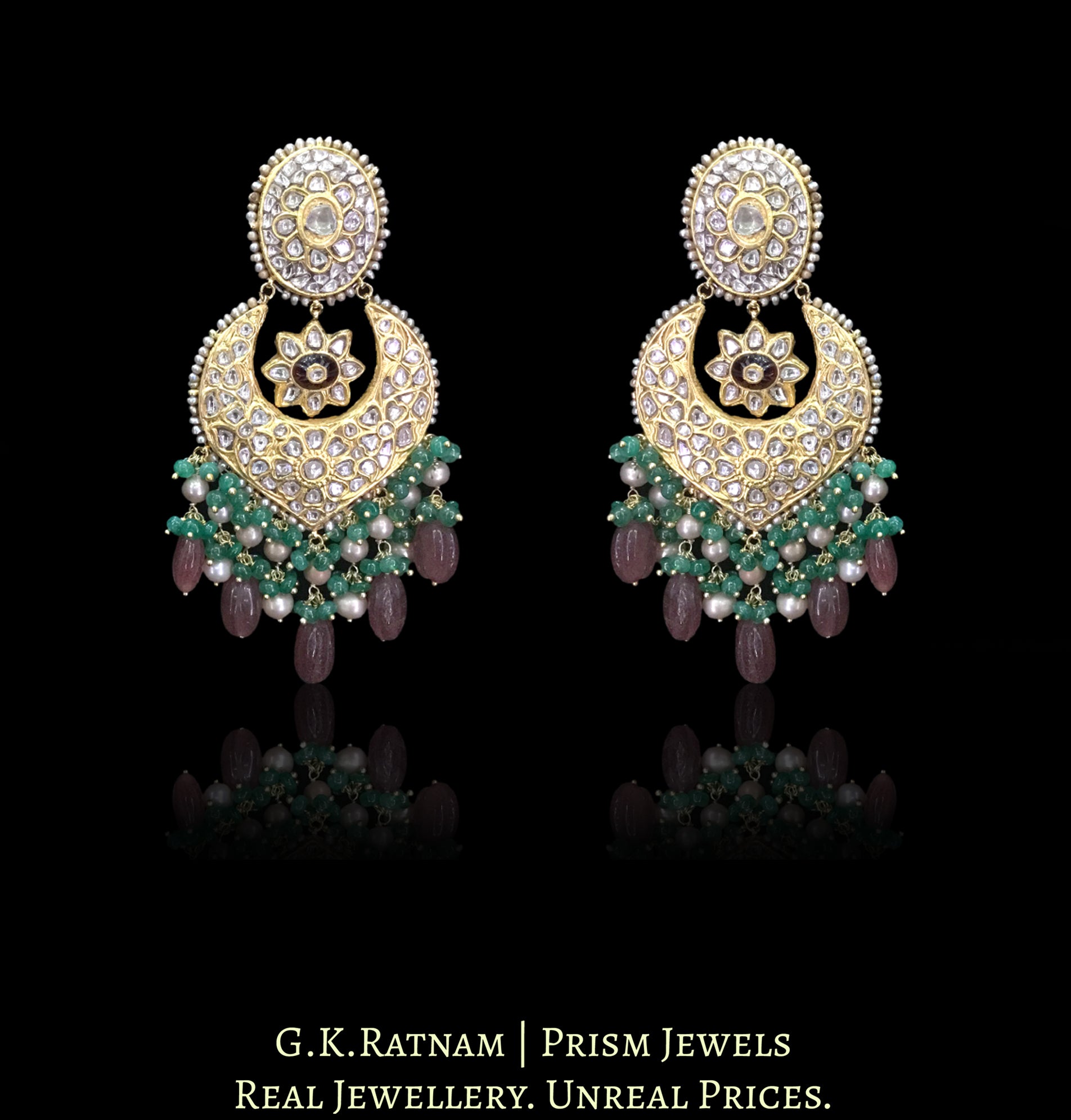 23k Gold and Diamond Polki Necklace Set with Strawberry Quartz, Green Beryls and Antiqued Pearls - G. K. Ratnam