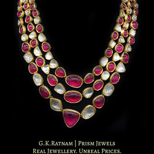 18k Gold and Diamond Polki three-row Necklace with natural rubies and big uncuts