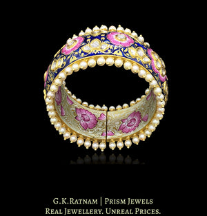 22k Gold and Diamond Polki Pink and Blue Enamel broad Bangle - G. K. Ratnam