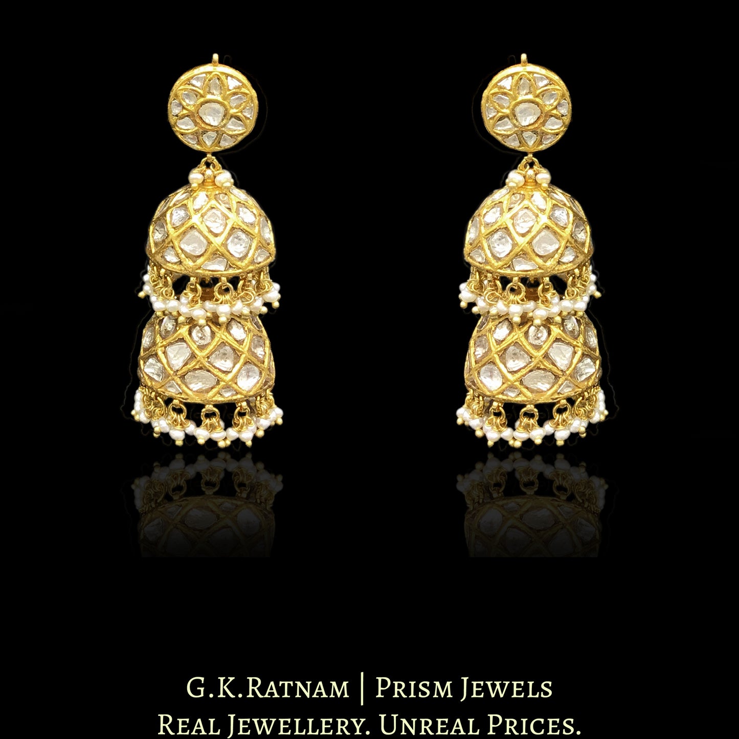 23k Gold and Diamond Polki two-tier Jhumki Earring with natural hyderabadi pearls - G. K. Ratnam