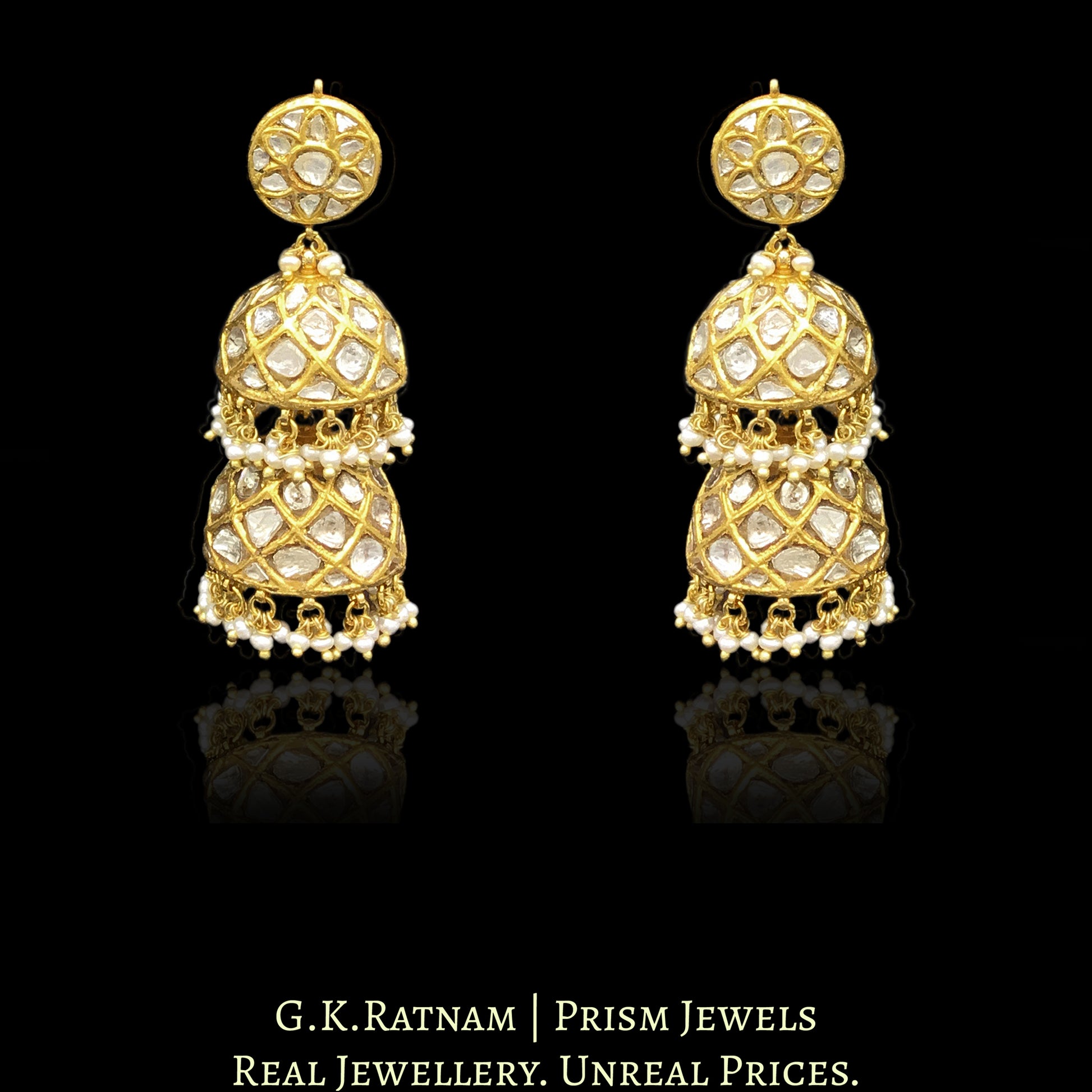 23k Gold and Diamond Polki two-tier Jhumki Earring with natural hyderabadi pearls - G. K. Ratnam