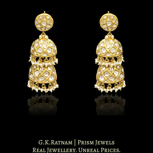 23k Gold and Diamond Polki two-tier Jhumki Earring with natural hyderabadi pearls - G. K. Ratnam