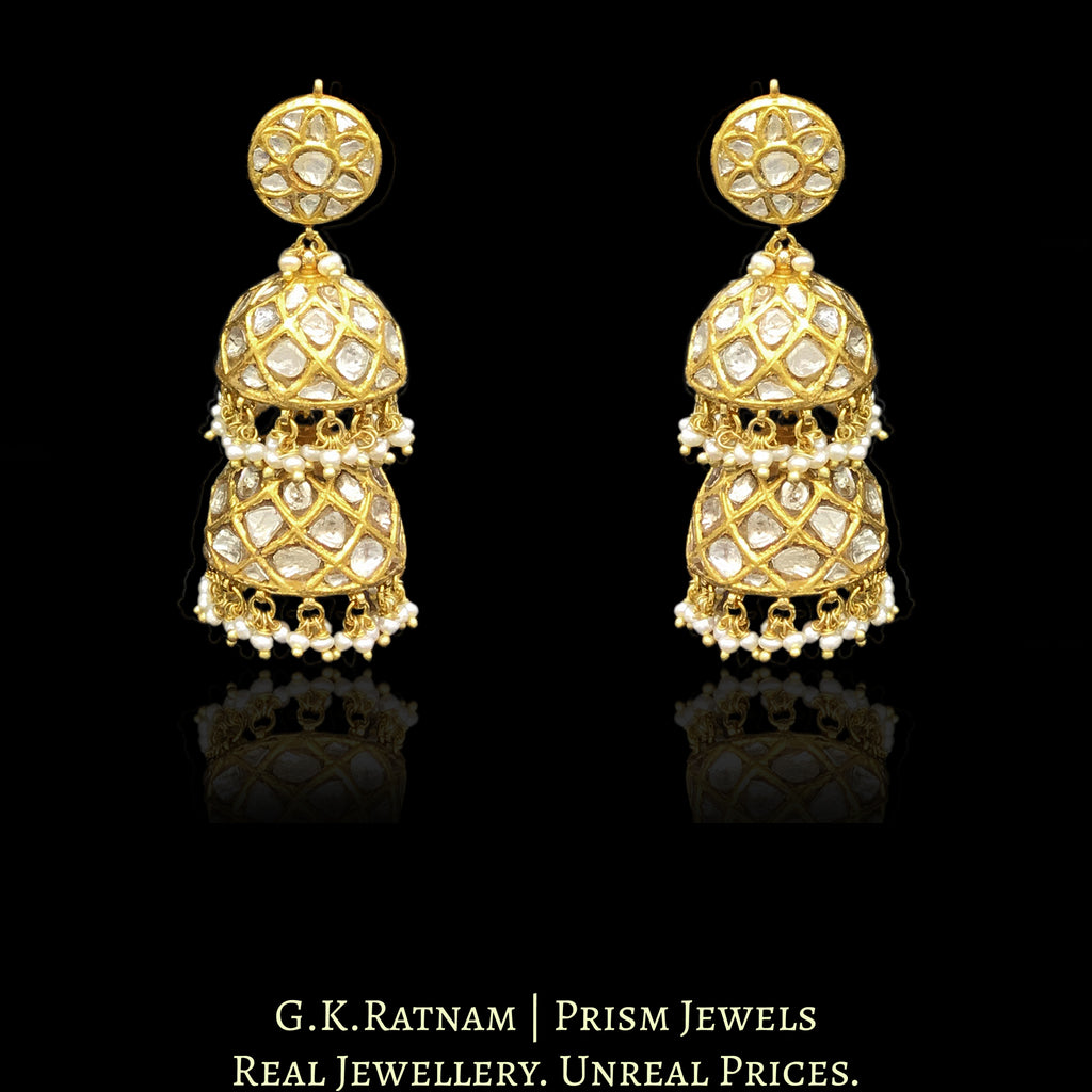 23k Gold and Diamond Polki two-tier Jhumki Earring with natural hyderabadi pearls