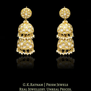 23k Gold and Diamond Polki two-tier Jhumki Earring with natural hyderabadi pearls