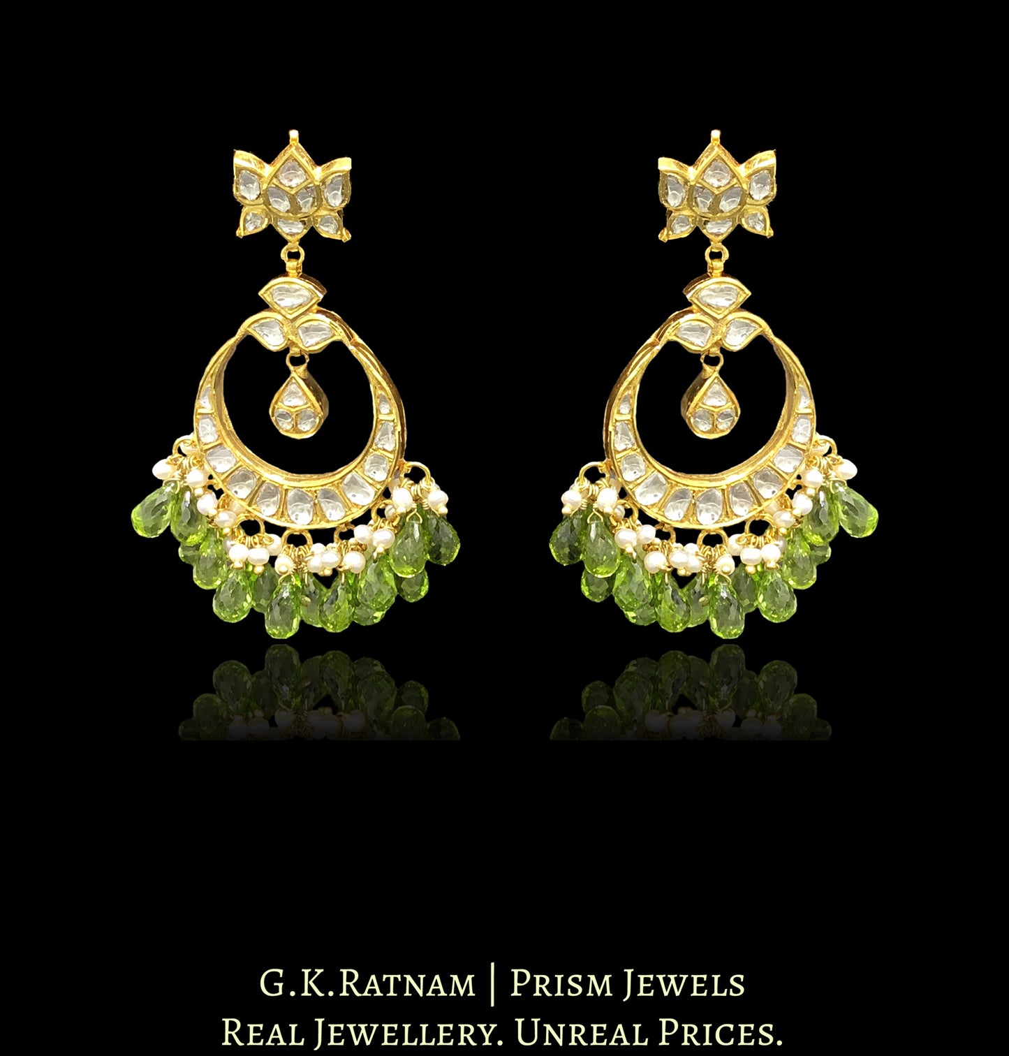 18k Gold and Diamond Polki Chand Bali Earring Pair with Peridot drops - G. K. Ratnam