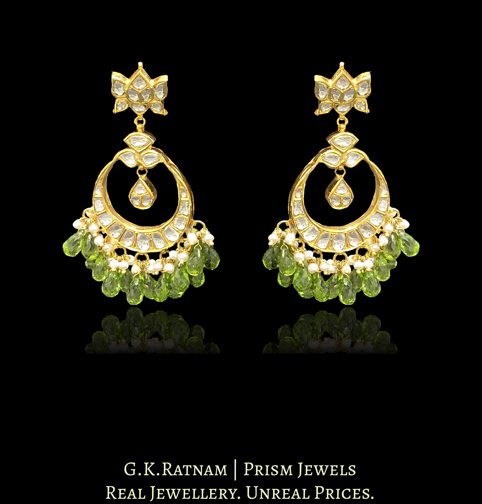 18k Gold and Diamond Polki Chand Bali Earring Pair with Peridot drops - G. K. Ratnam