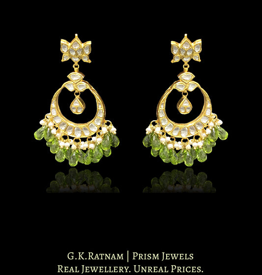 18k Gold and Diamond Polki Chand Bali Earring Pair with Peridot drops - G. K. Ratnam