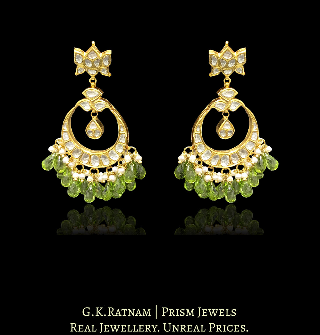 18k Gold and Diamond Polki Chand Bali Earring Pair with Peridot drops - G. K. Ratnam