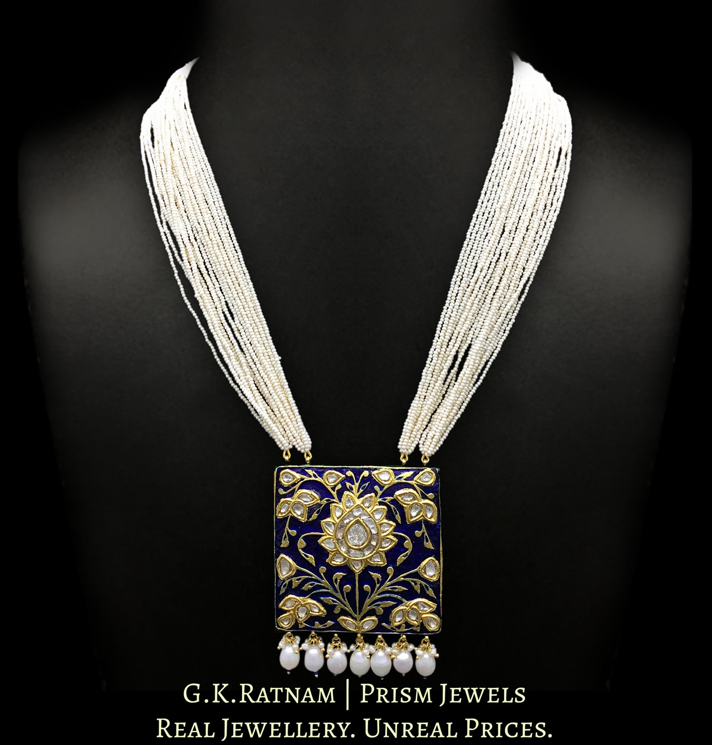 23k Gold and Diamond Polki square royal-blue enamel Pendant with chid pearl bunches
