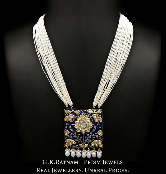 23k Gold and Diamond Polki square royal-blue enamel Pendant with chid pearl bunches