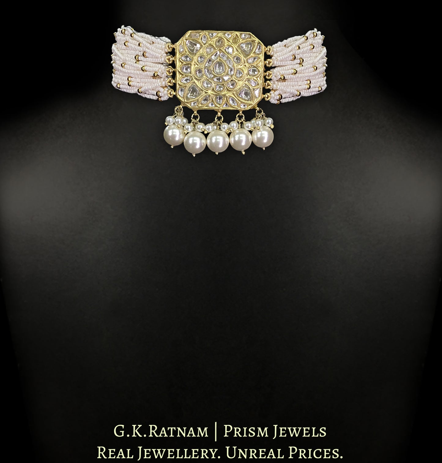 23k Gold and Diamond Polki Choker Necklace with Chid Pearl Bunches