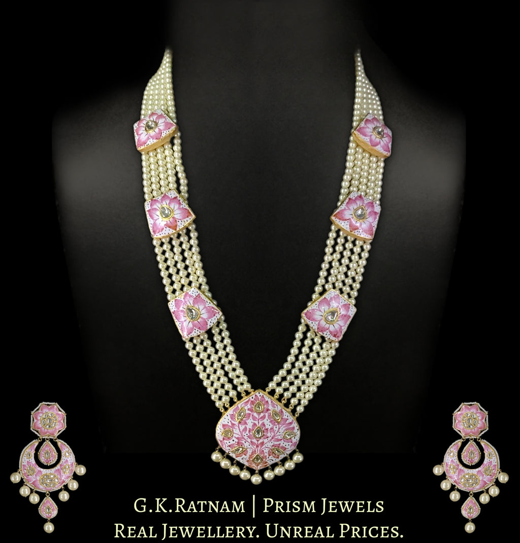 23k Gold and Diamond Polki Ranihaar / Patrihaar Necklace Set with intricate Pink Enamelling