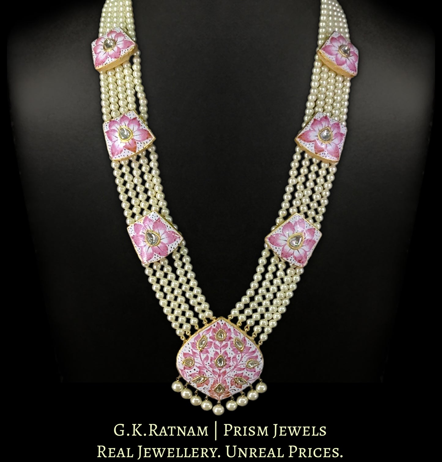 23k Gold and Diamond Polki Ranihaar / Patrihaar Necklace Set with intricate Pink Enamelling