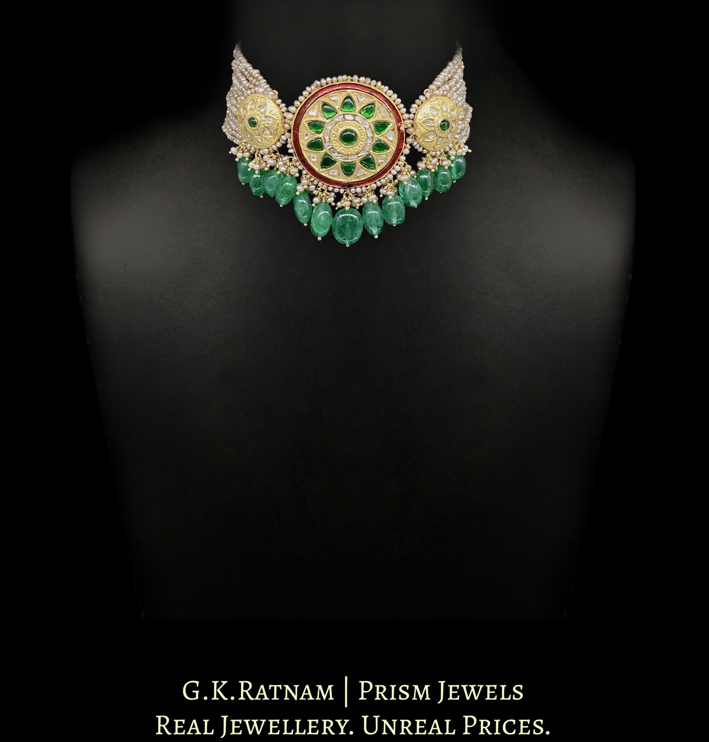 23k Gold and Diamond Polki three-piece Choker Necklace with With Antiqued Freshwater Pearls