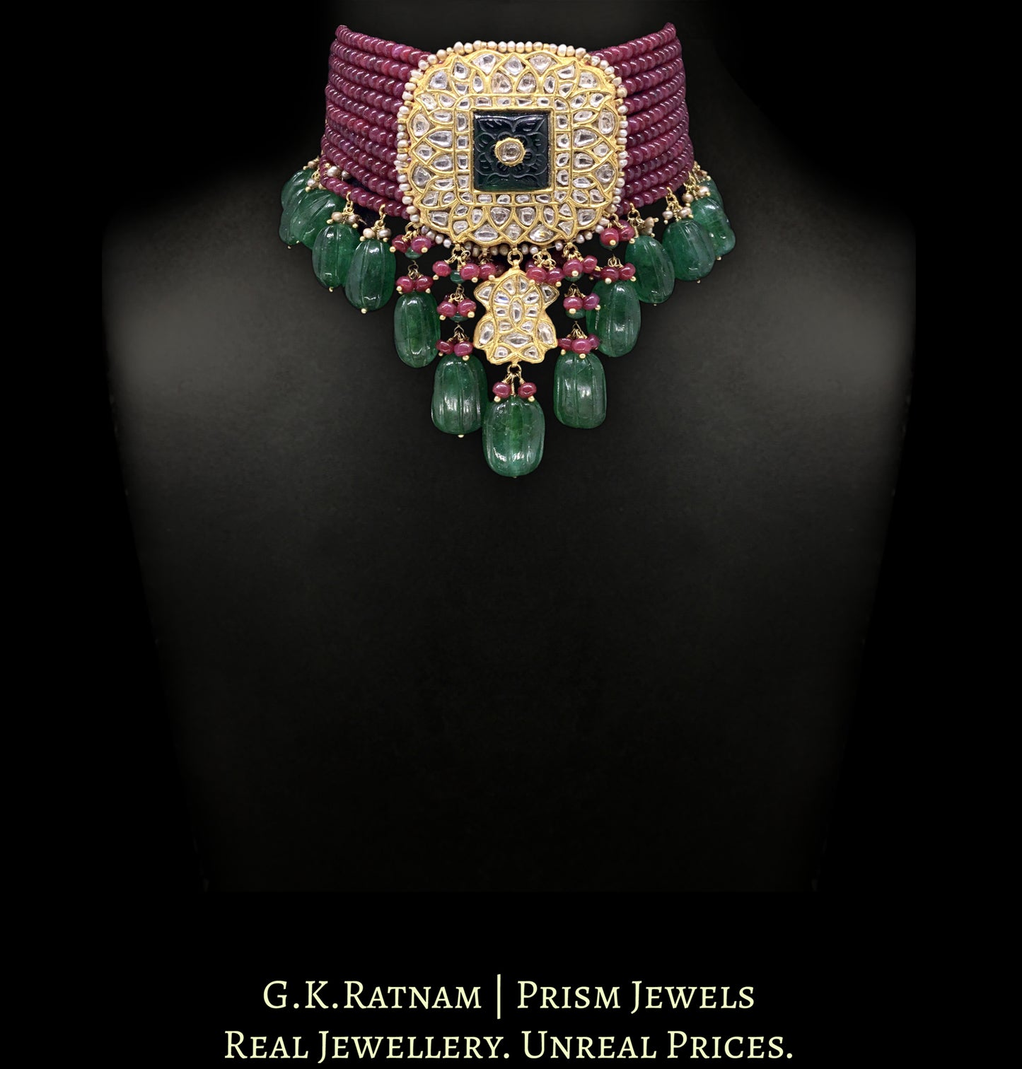 23k Gold and Diamond Polki Choker Necklace strung with Rubies and Green Beryl Melons