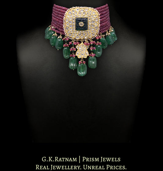 23k Gold and Diamond Polki Choker Necklace strung with Rubies and Green Beryl Melons