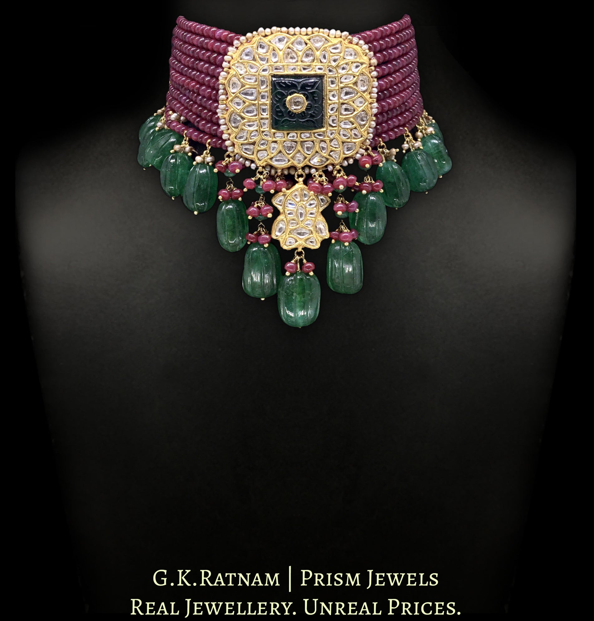 23k Gold and Diamond Polki Choker Necklace strung with Rubies and Green Beryl Melons