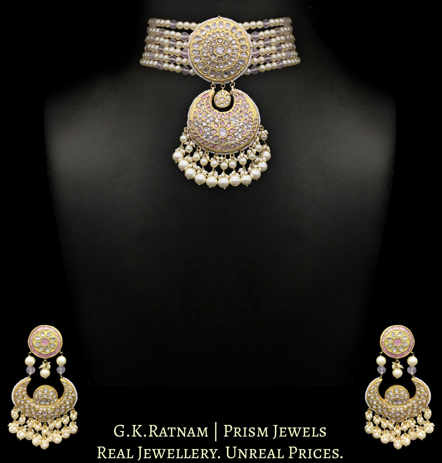 23k Gold and Diamond Polki Choker Necklace Set strung in lustrous Pearls and Rose Quartz beads