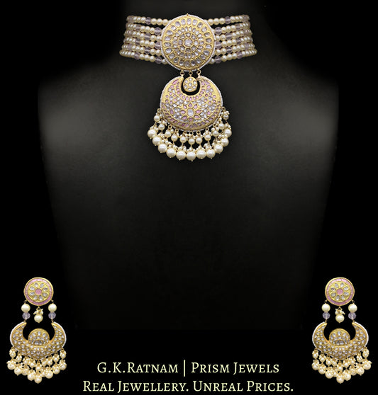 23k Gold and Diamond Polki Choker Necklace Set strung in lustrous Pearls and Rose Quartz beads