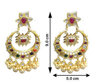 18k Gold and Diamond Polki Navratna Chand Bali Earring Pair strung with lustrous pearls - G. K. Ratnam