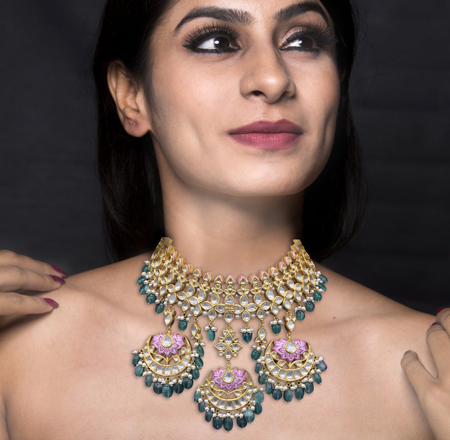 22k Gold and Diamond Polki pink enamel Choker Necklace with lustrous pearls and green beryls
