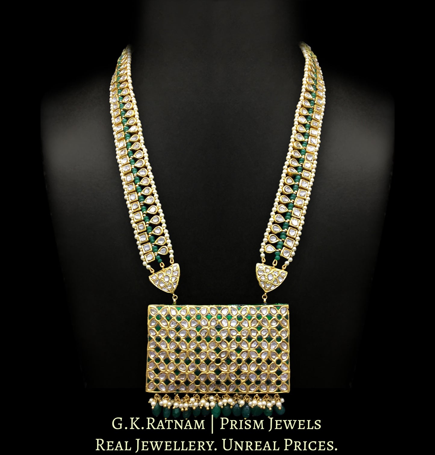23k Gold and Diamond Polki green rectangle Pendant with Patrihaar / Ranihaar