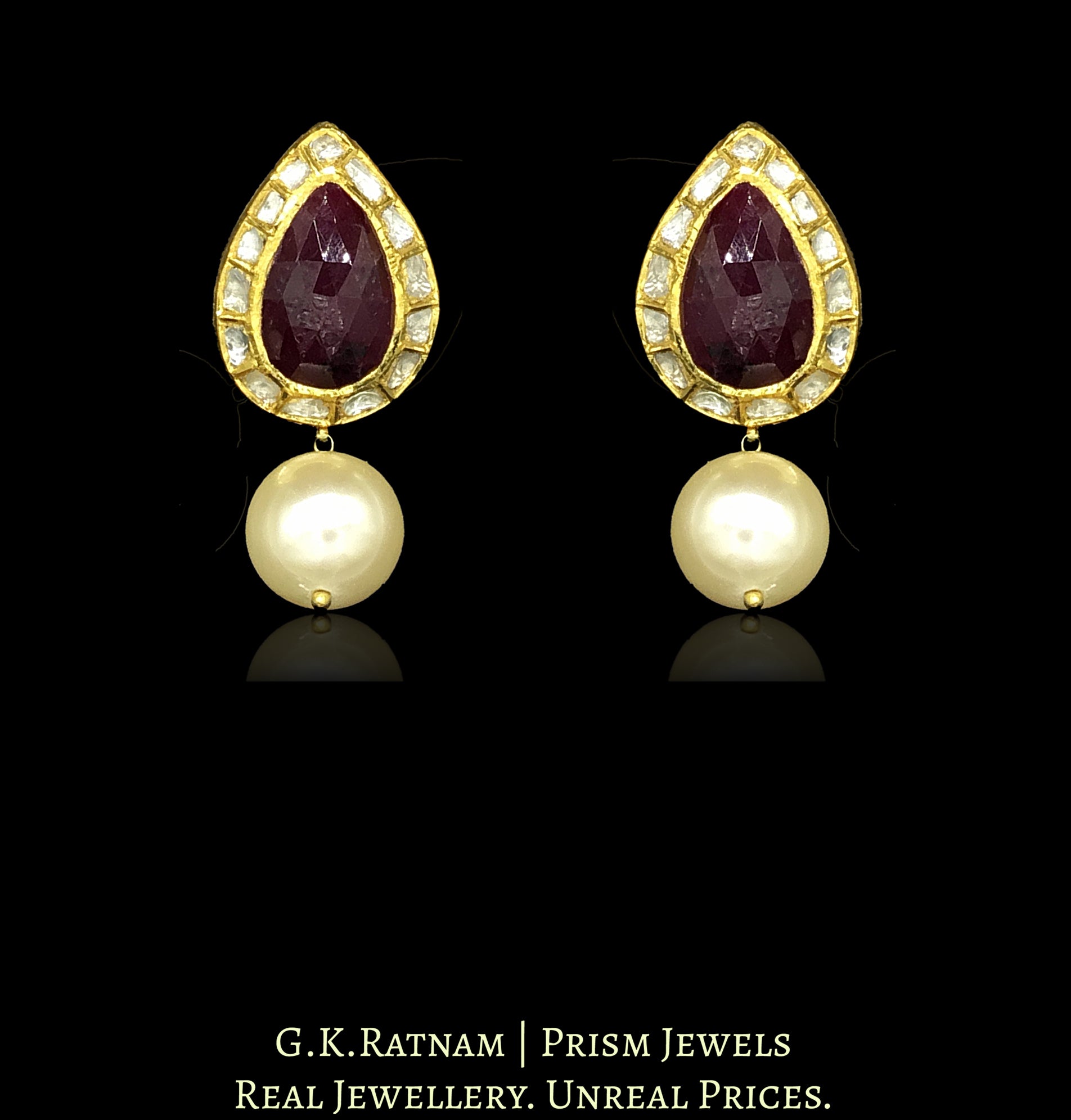 18k Gold and Diamond Polki Tops / Studs Earring Pair with pear-shaped Rubies encased by uncuts - G. K. Ratnam
