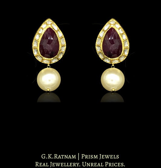 18k Gold and Diamond Polki Tops / Studs Earring Pair with pear-shaped Rubies encased by uncuts - G. K. Ratnam