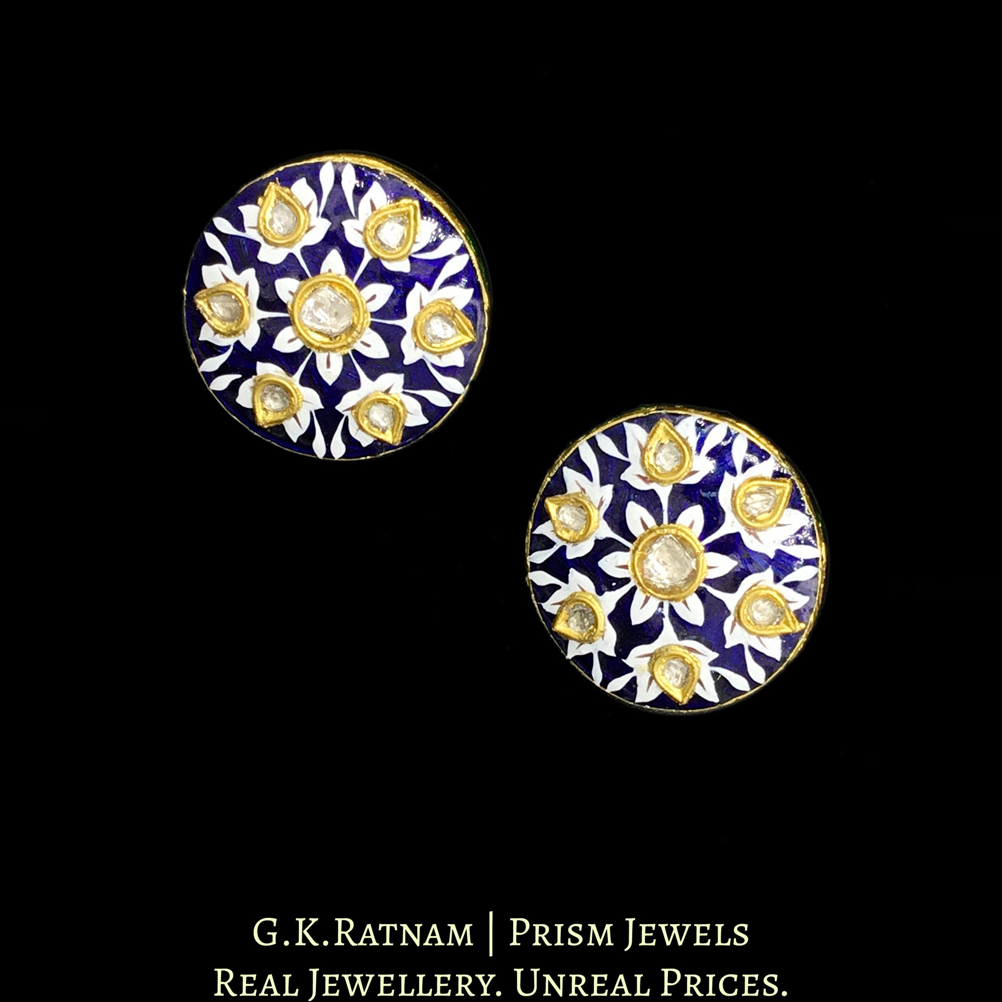 23k Gold and Diamond Polki Tops / Studs Earring Pair with exquisite blue and white enamelling