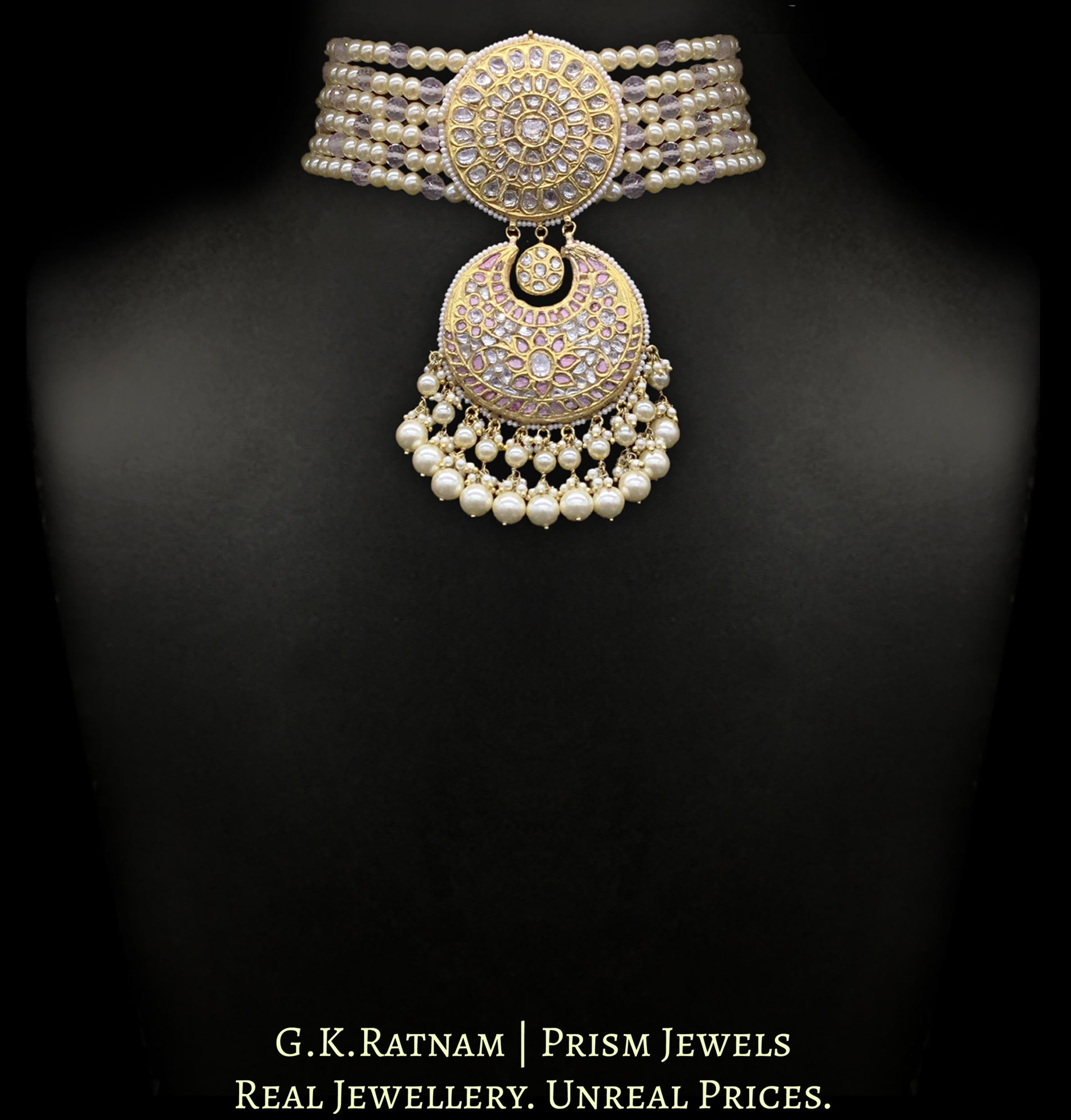 23k Gold and Diamond Polki Choker Necklace Set strung in lustrous Pearls and Rose Quartz beads
