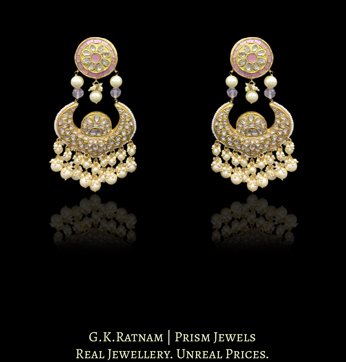 23k Gold and Diamond Polki Choker Necklace Set strung in lustrous Pearls and Rose Quartz beads