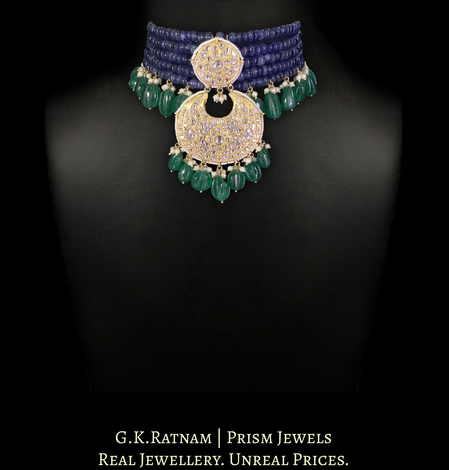 23k Gold and Diamond Polki Choker Necklace with Blue Sapphires and Carved Green Beryl Melons