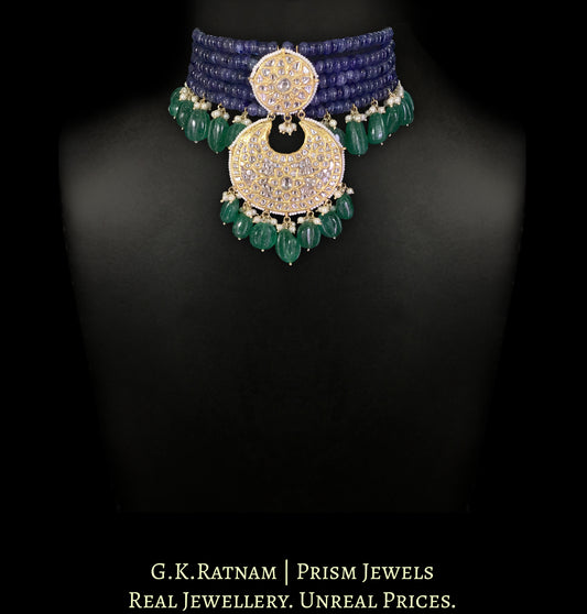 23k Gold and Diamond Polki Choker Necklace with Blue Sapphires and Carved Green Beryl Melons