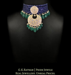 23k Gold and Diamond Polki Choker Necklace with Blue Sapphires and Carved Green Beryl Melons