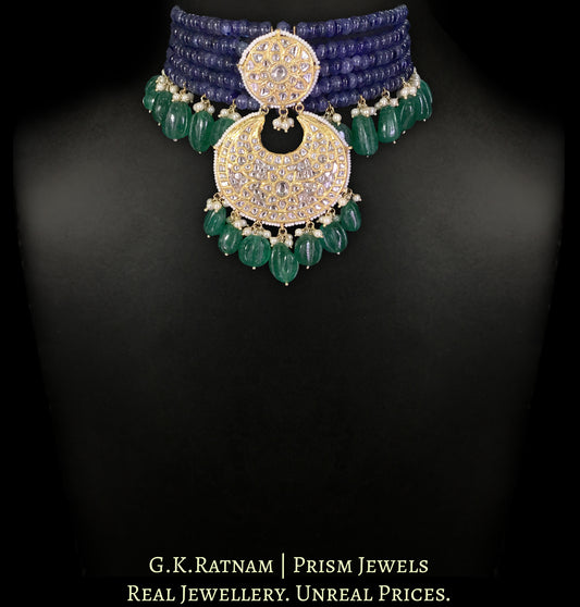 23k Gold and Diamond Polki Choker Necklace with Blue Sapphires and Carved Green Beryl Melons
