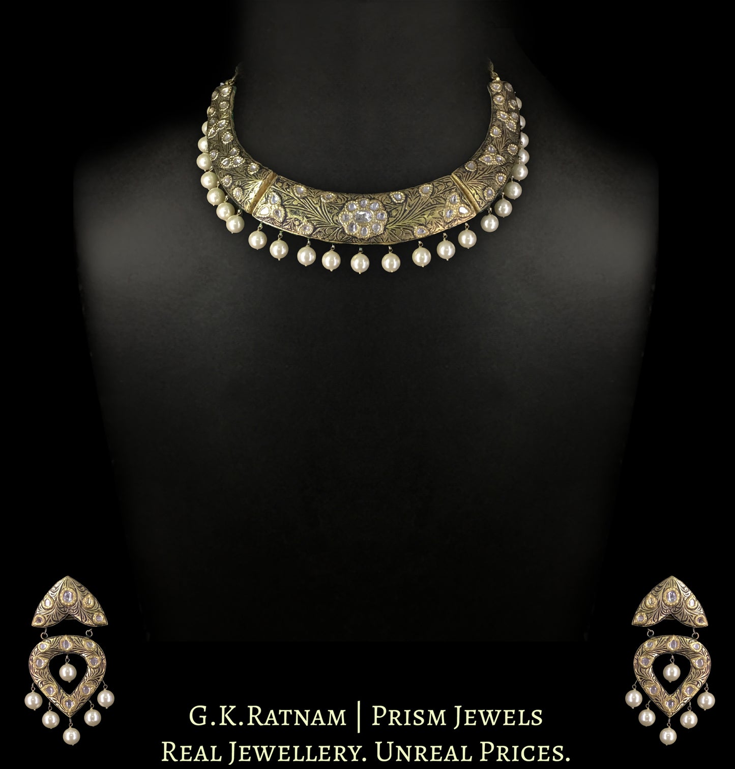 23k Gold and Diamond Polki Hustlie Necklace Set with Prataj Engraving - G. K. Ratnam