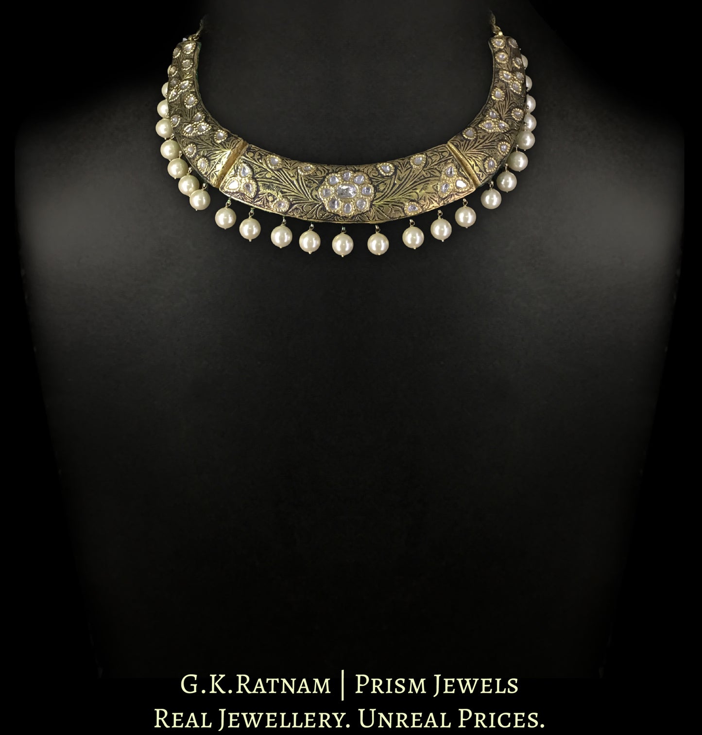23k Gold and Diamond Polki Hustlie Necklace Set with Prataj Engraving - G. K. Ratnam