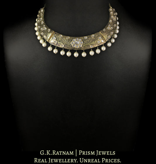 23k Gold and Diamond Polki Hustlie Necklace Set with Prataj Engraving - G. K. Ratnam